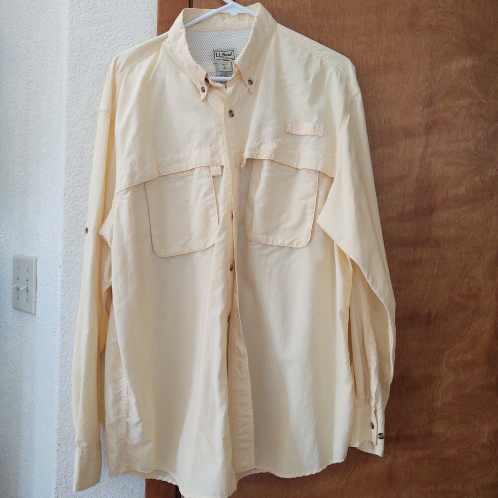 L.L. Bean Yellow Button Shirt Mens Vented Roll Tab Sleeve Loose Fit Large
